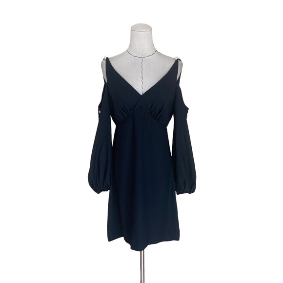 Vintage 60s Black Crepe Dress Cold Shoulder Bishop Sleeve Rhinestone Buttons - Picture 3 of 16